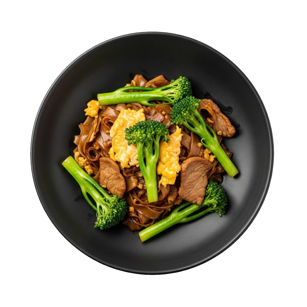 Pad See Ew broad rice noodles in a black bowl with gai lan, egg and sliced pork