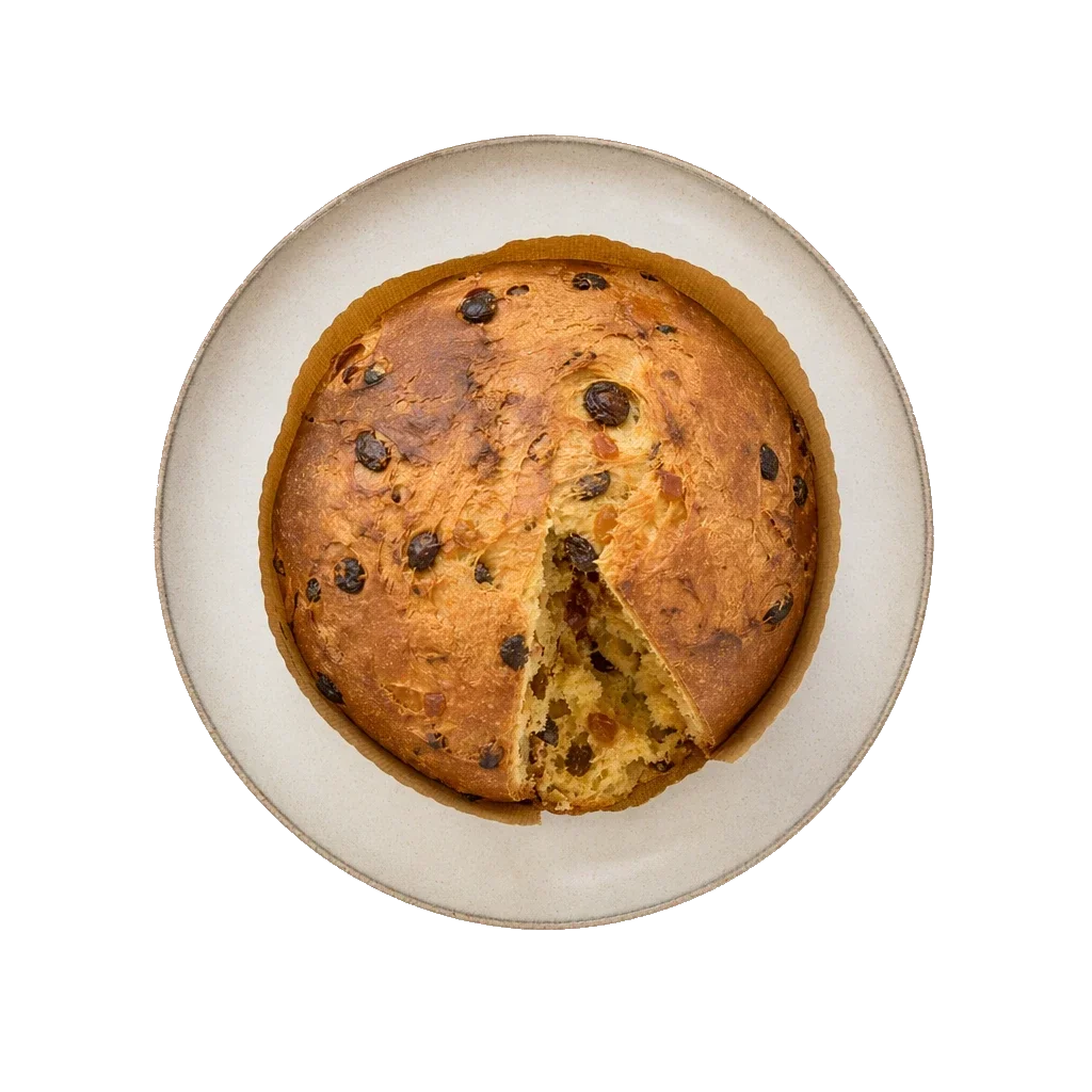 Panettone on stoneware bowl with Butter, Candied Peel, Egg