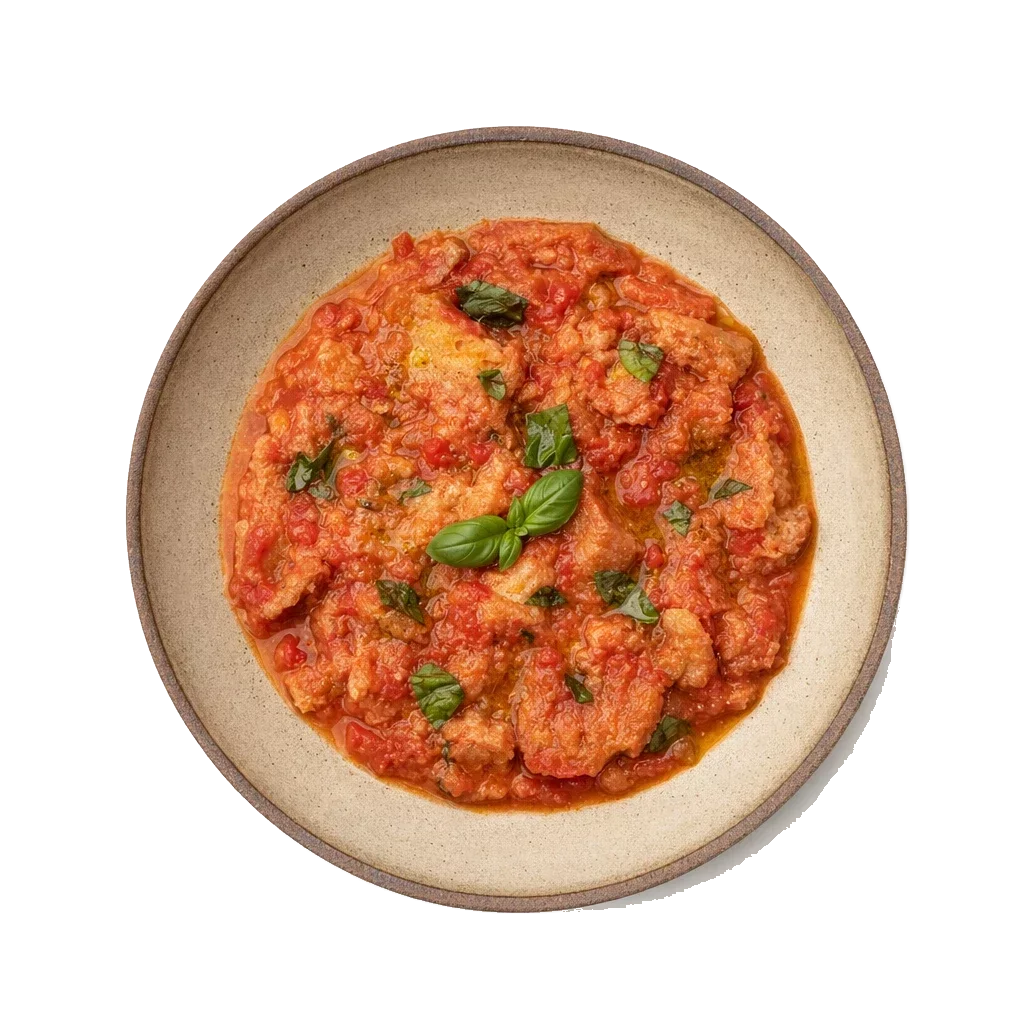 Pappa al Pomodoro on stoneware bowl with Basil, Bread, Broth