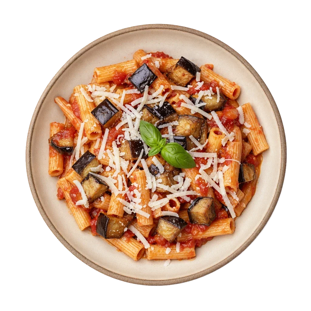 Pasta alla Norma on stoneware bowl with Basil, Eggplant, Garlic