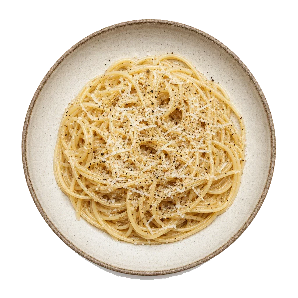 Pasta Cacio e Pepe on stoneware bowl with Black pepper, pecorino, Spaghetti