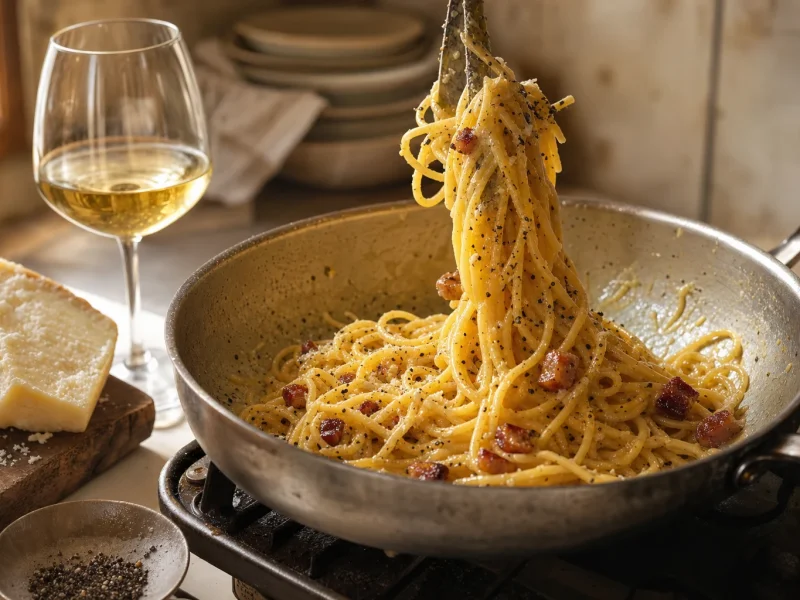 Spaghetti alla carbonara tossed in a pan with guanciale and coarse black pepper