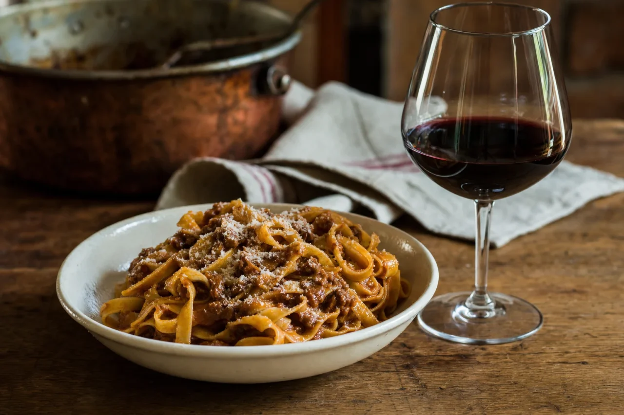 Bowl of fresh egg tagliatelle in meat ragu beside a glass of red wine