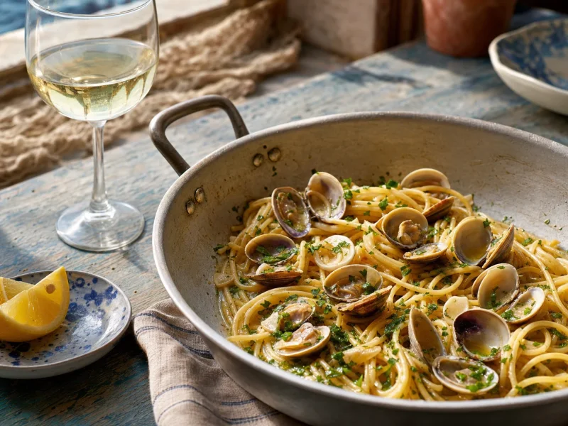 Spaghetti alle vongole in a pan with open clams, parsley and lemon