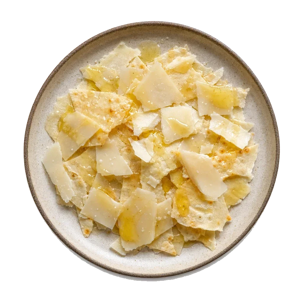 Pecorino sardo e pan carasau on stoneware bowl with Honey, Olive Oil, Pan Carasau