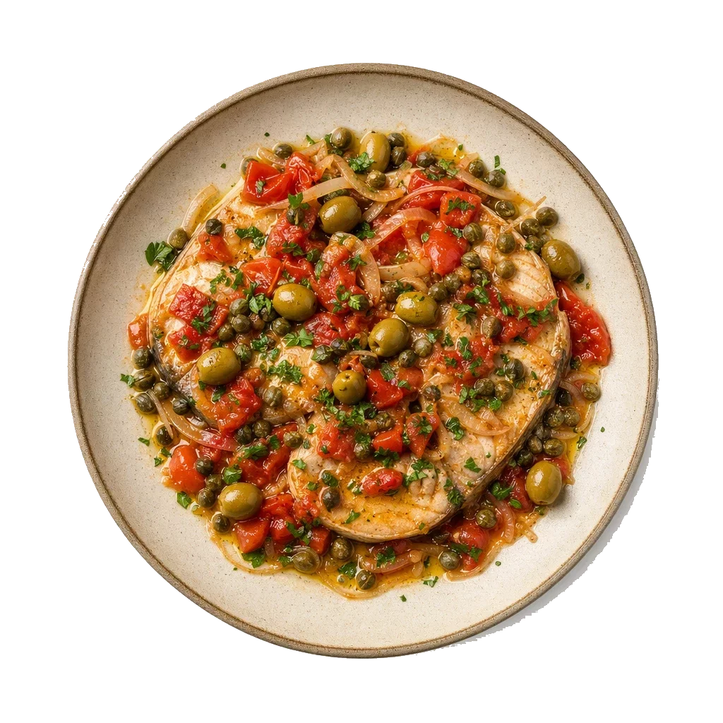 Pesce spada alla Siciliana on stoneware bowl with Caper, Olive, Olive Oil