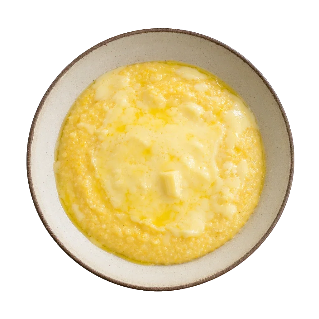 Polenta alla Valdostana on stoneware bowl with Butter, Fontina, Milk
