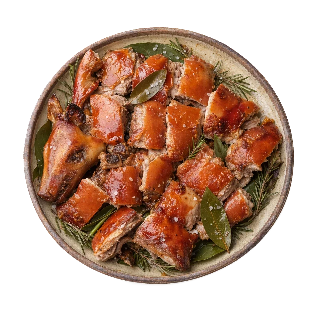 Porceddu on stoneware bowl with Bay Leaf, Myrtle, Rosemary