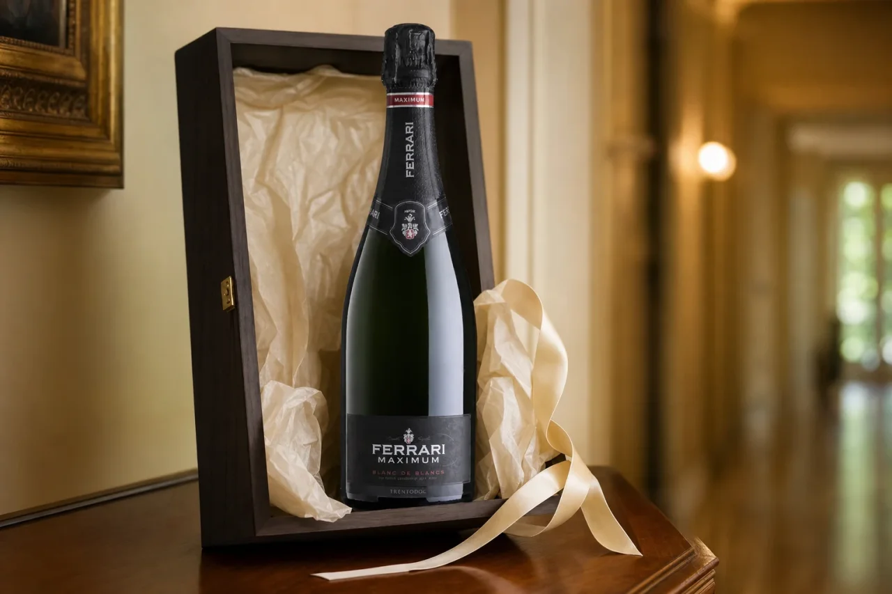 A Ferrari Maximum Blanc de Blancs standing in a tissue-lined gift box, label out, ready to be handed over