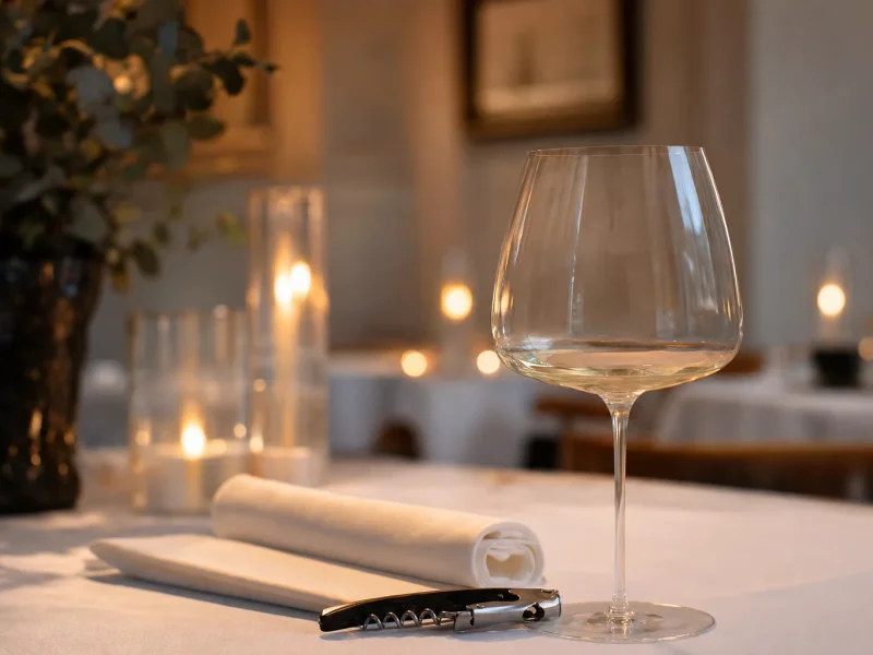 A first small pour of white wine beside a folded napkin and corkscrew, ready for the host's check