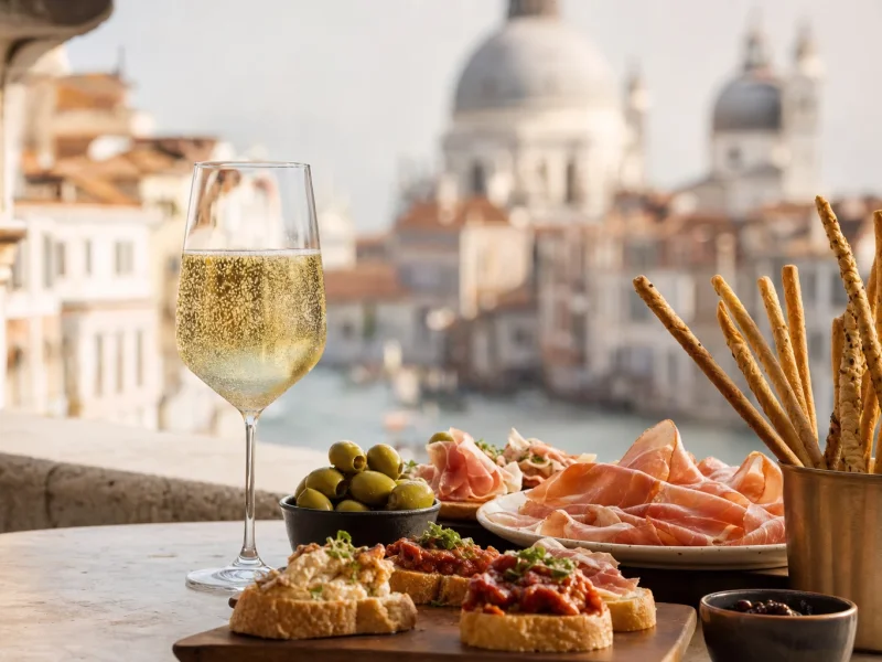 A flute of Prosecco with cicchetti, prosciutto and olives on a sunny Venetian aperitivo table.