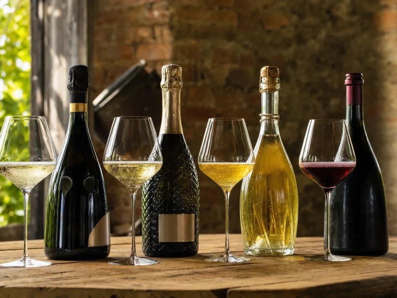 A row of Italian sparkling bottles and poured glasses, from Franciacorta to Prosecco, Asti and red Lambrusco.