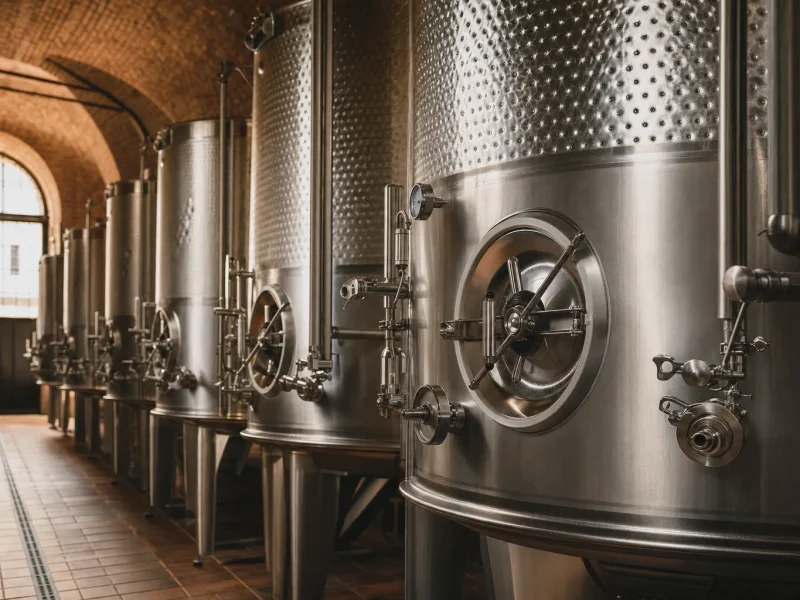 Stainless steel autoclave tanks in a Prosecco cellar, where Glera takes its second fermentation.