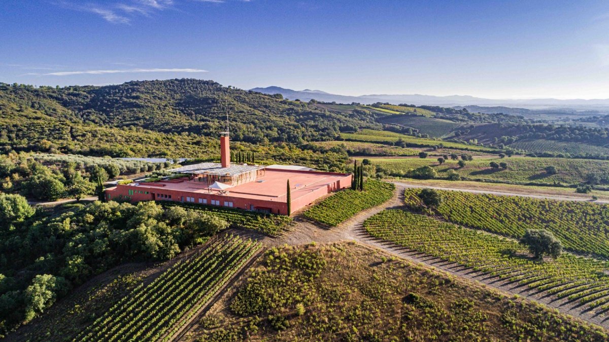 Aerial view of the Rocca di Frassinello winery and its tower amid vineyards and wooded Maremma hills
