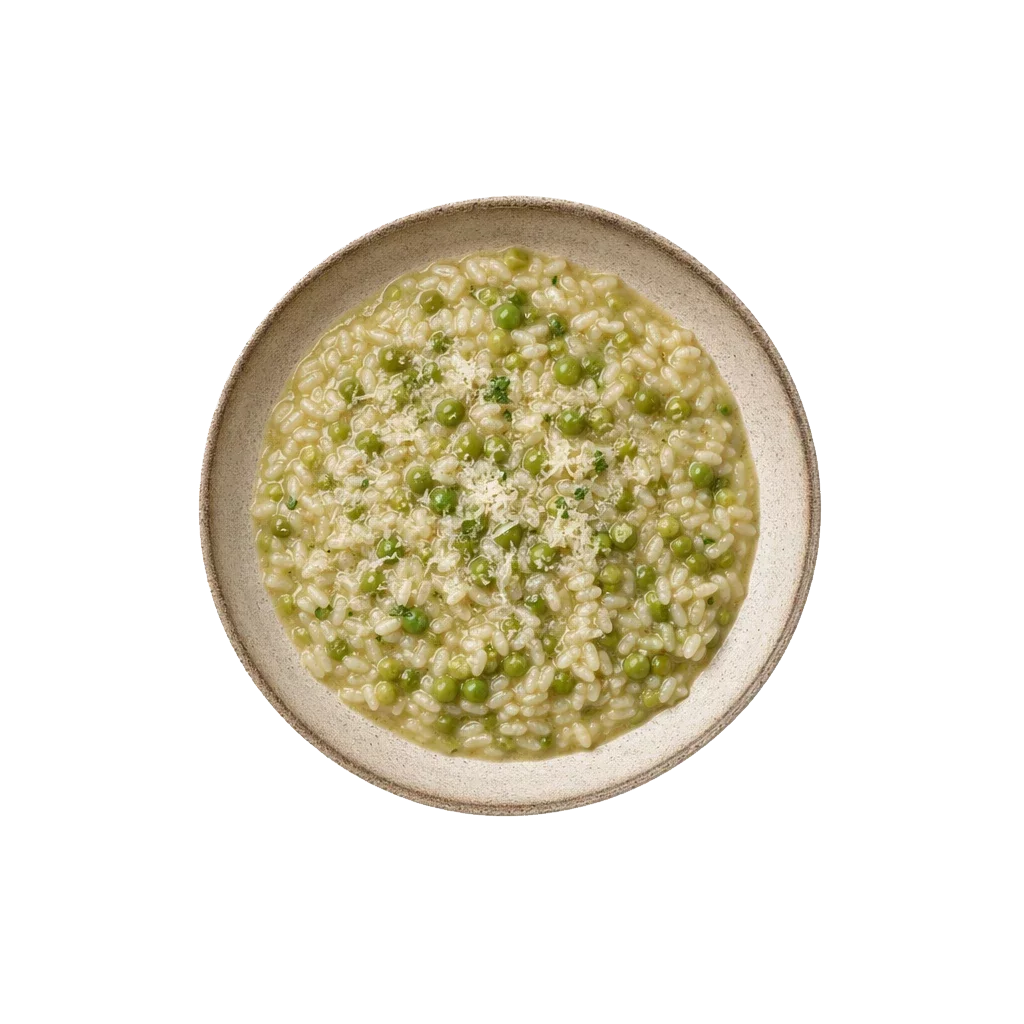 Risi e bisi on stoneware bowl with Broth, Butter, Onion