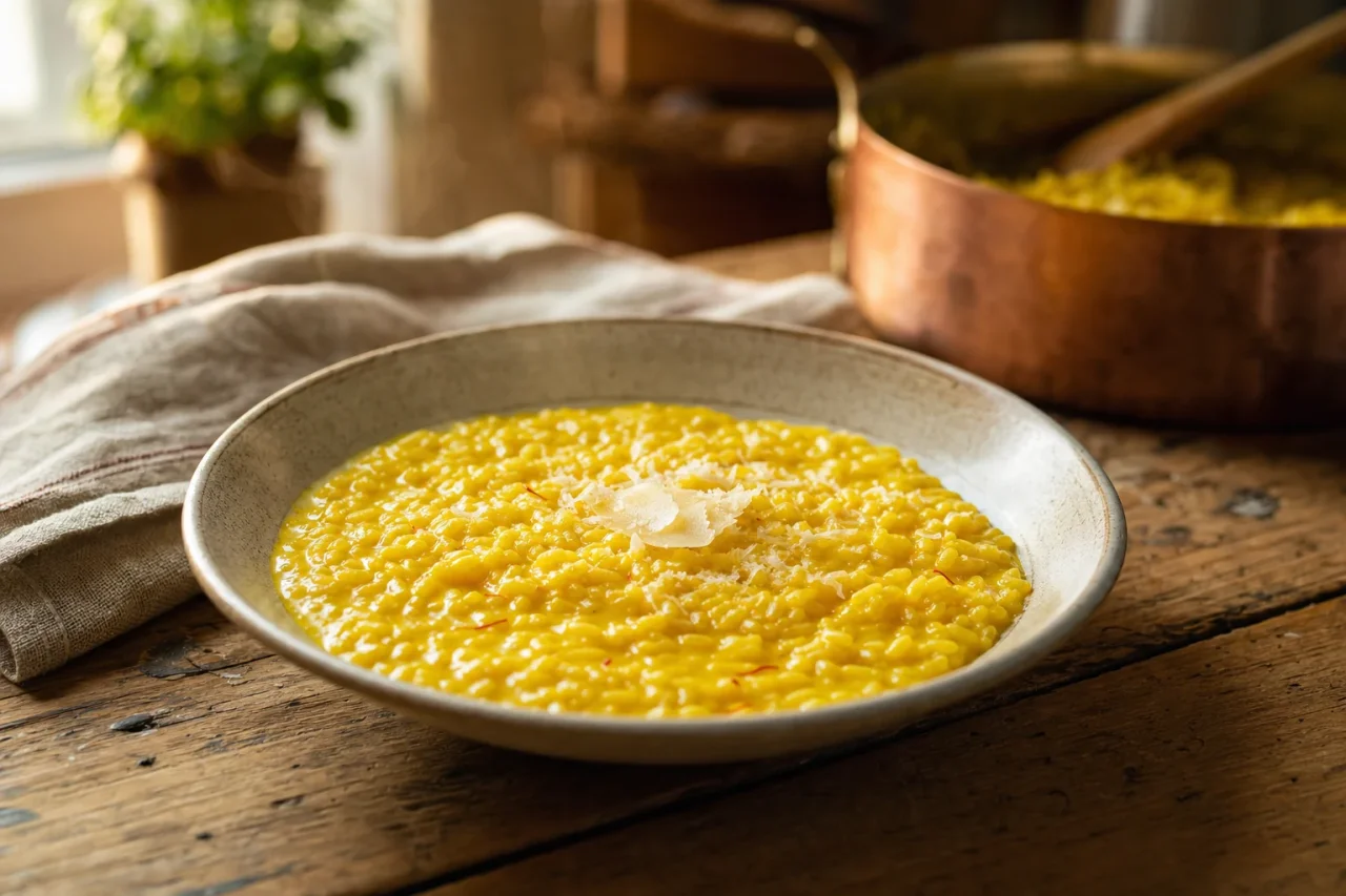 Saffron risotto alla Milanese in a shallow bowl, finished with butter and grated cheese