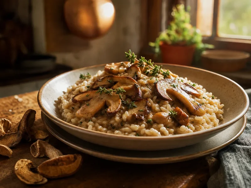 Porcini mushroom risotto topped with browned porcini caps and fresh thyme