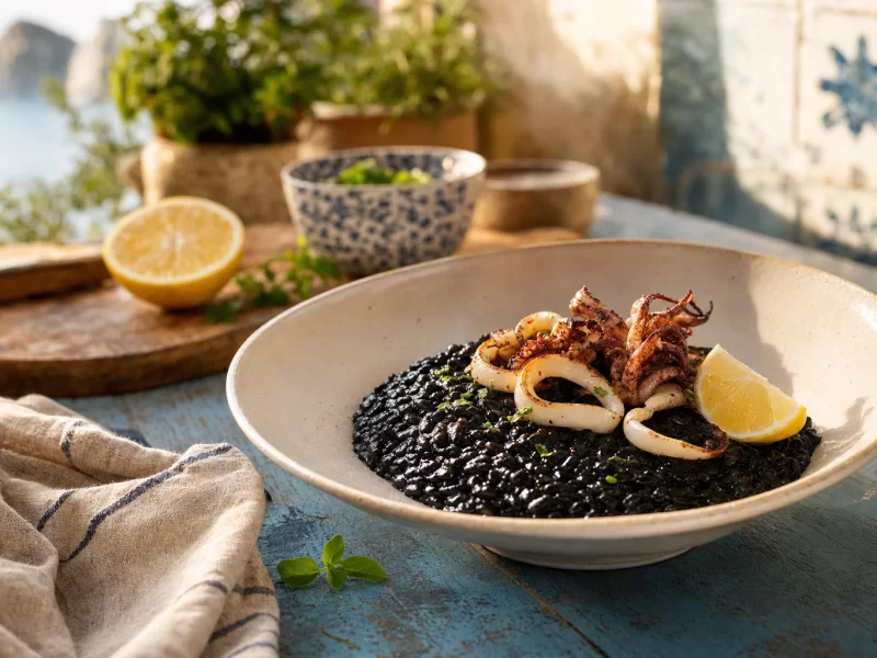 Jet black squid ink risotto with grilled squid and a wedge of lemon