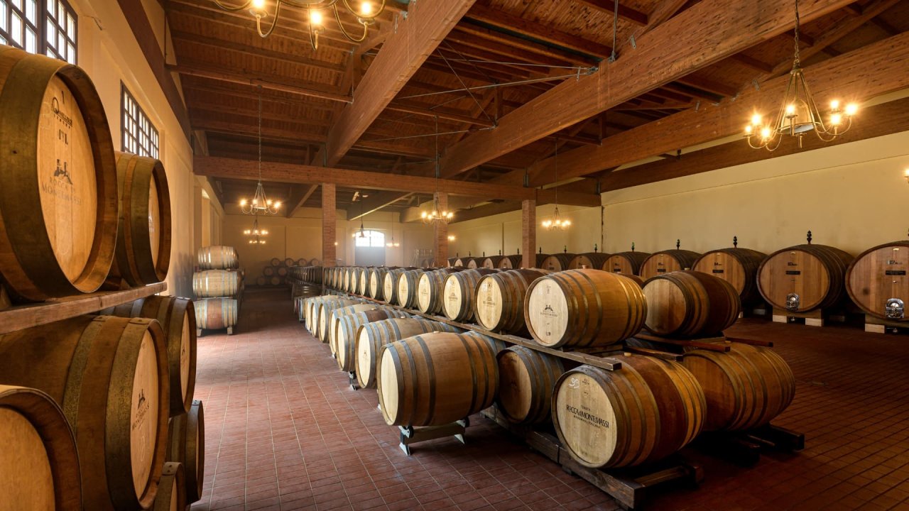 Rows of oak barrels under a timber roof in the Rocca di Montemassi barrel cellar
