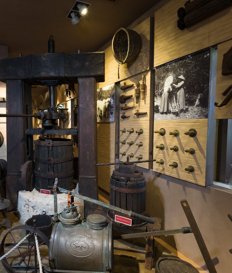 Old wine press and farm tools on display in the Museum of Rural Civilization at Rocca di Montemassi