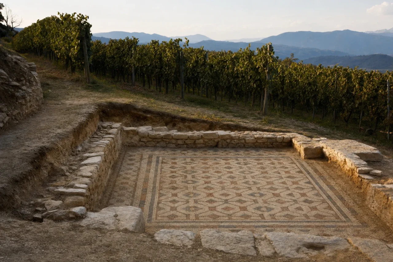 A Roman mosaic floor uncovered in a trench between vine rows on a Valpolicella hillside