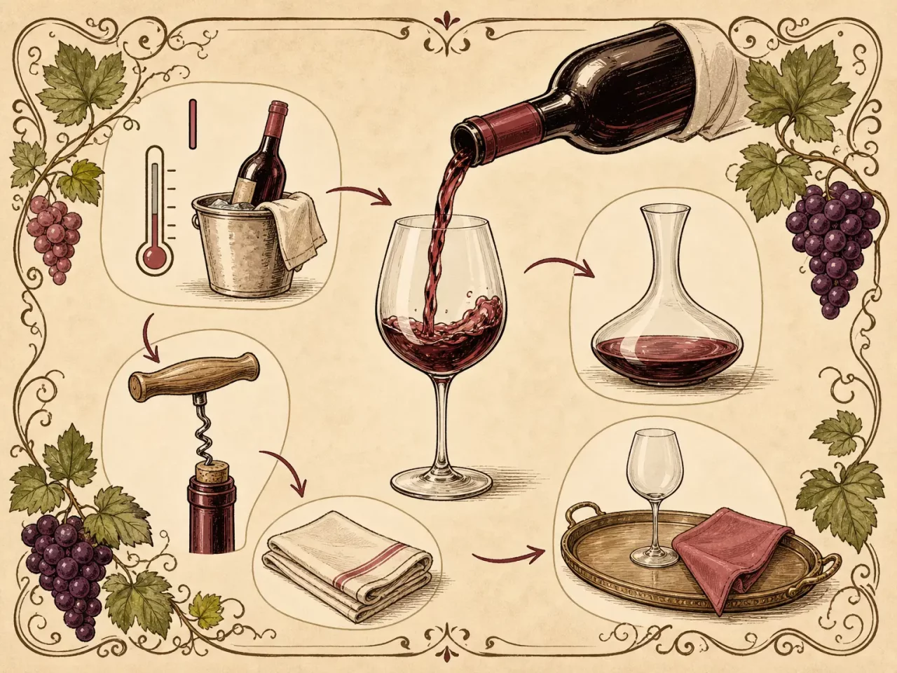 Hand-drawn wine serving guide with bottle pour, corkscrew, decanter, tray, and grapes