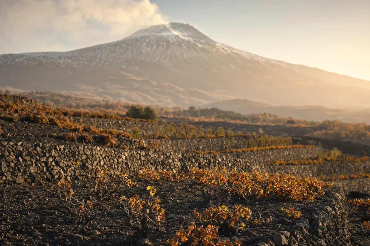 Terraced vines growing in black volcanic soil on the north slope of Mount Etna at golden hour