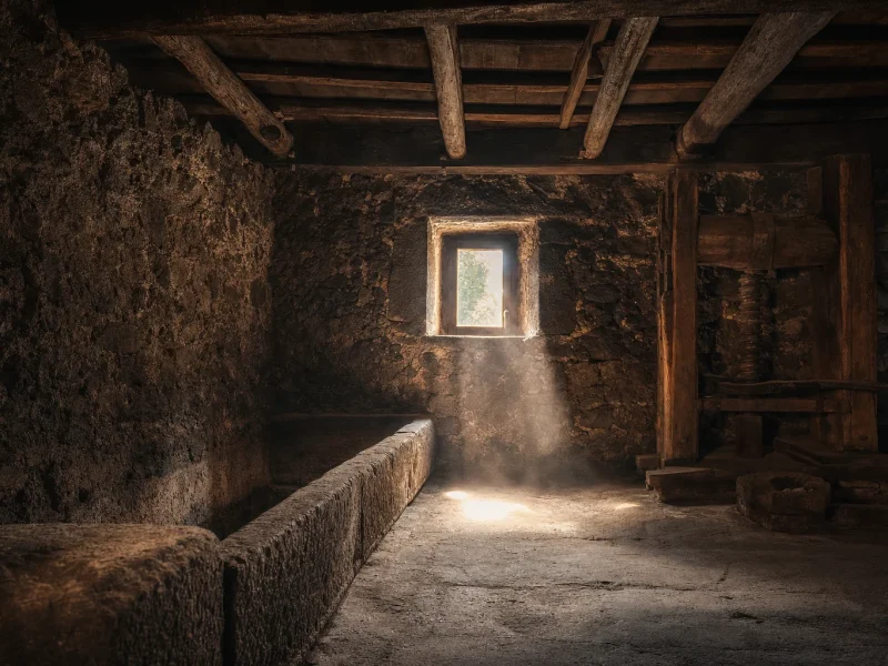 Interior of a traditional lava-stone palmento cellar on Mount Etna lit by a single window
