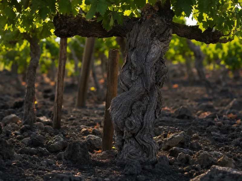 An old vine with a deeply twisted trunk rooted in the black volcanic soil of Mount Etna
