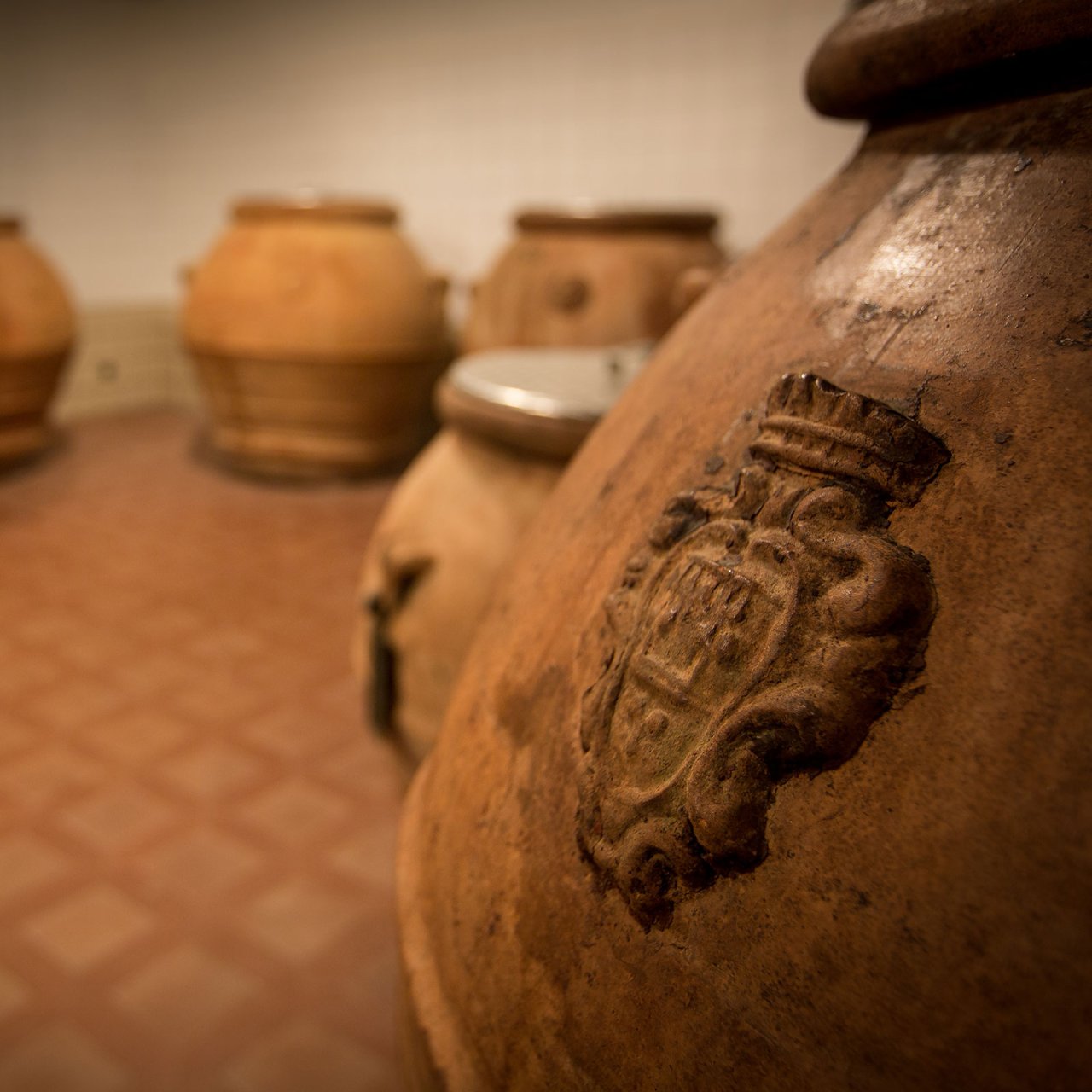 Old terracotta oil jars, one stamped with a coat of arms, in the olive oil store at Fattoria San Michele a Torri.