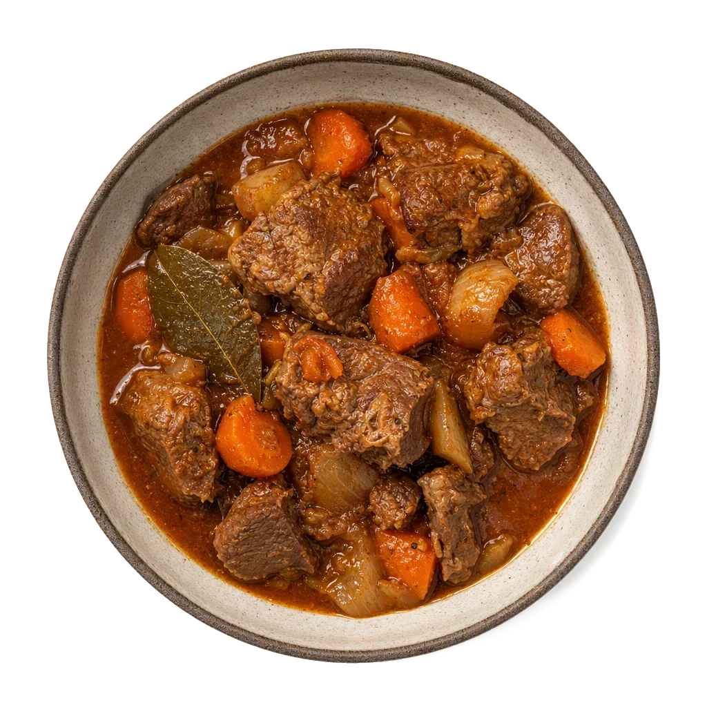 Spezzatino di pecora on stoneware bowl with Bay Leaf, Carrot, Mutton