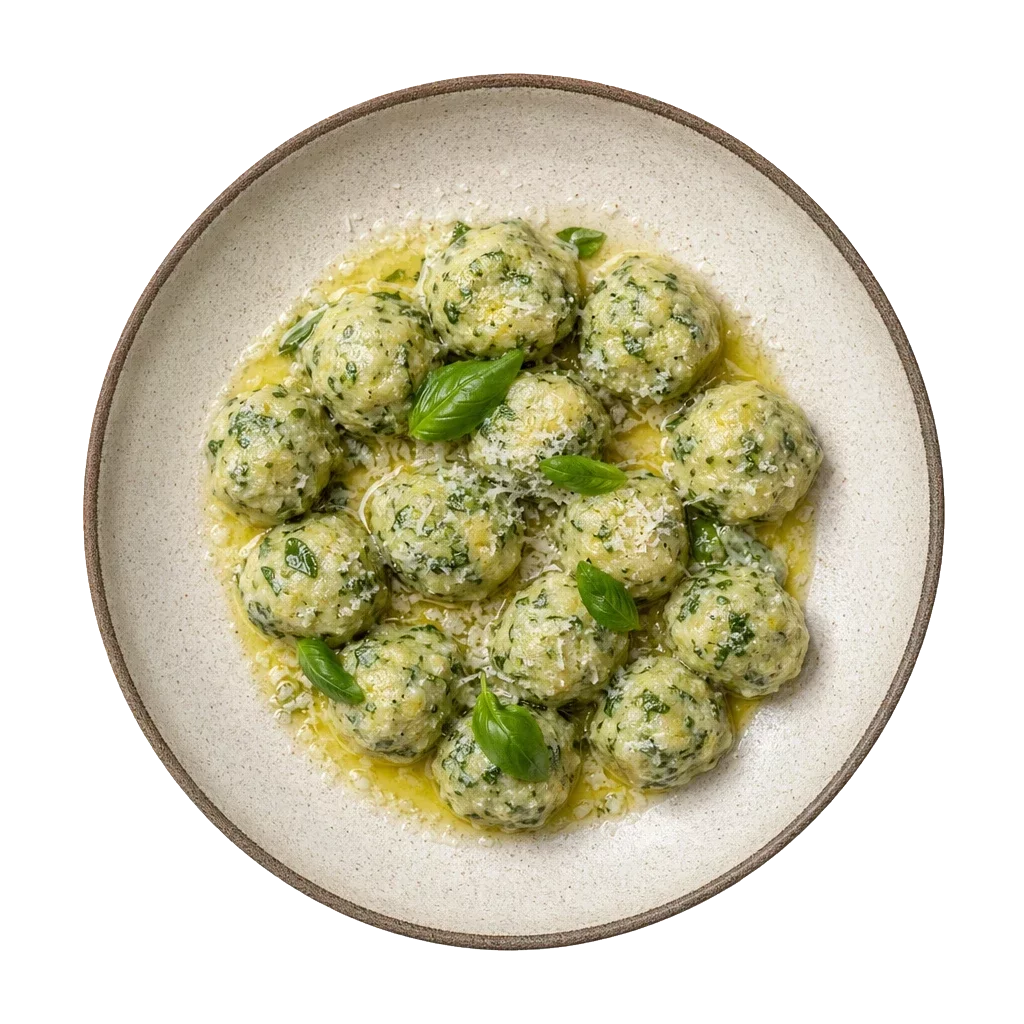 Strangolapreti Alla Potentina on stoneware bowl with Basil, Egg, Flour