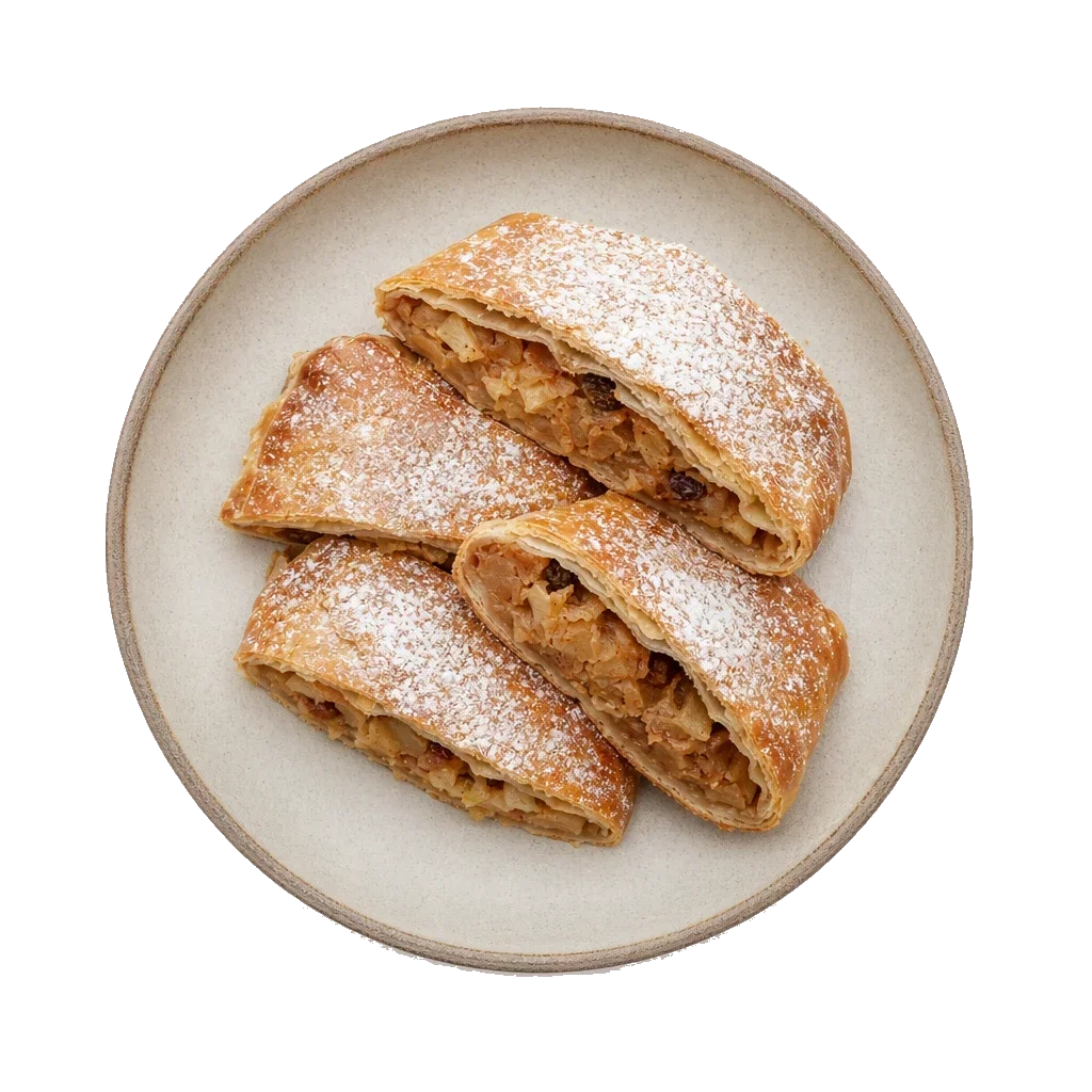 Strudel on stoneware bowl with Apple, Bread Crumbs, Butter