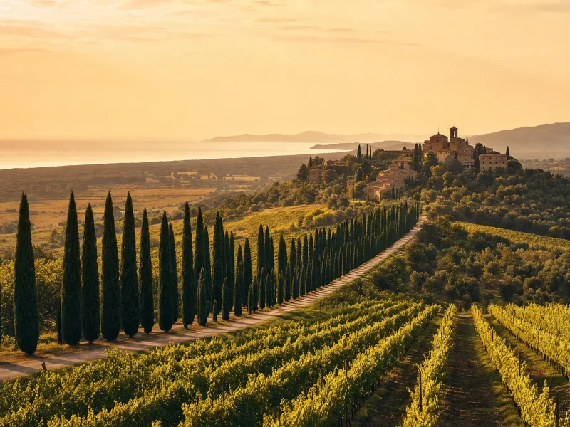 Cypress-lined avenue and coastal vineyards at golden hour near Bolgheri in Tuscany