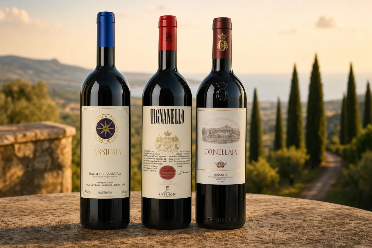 Sassicaia, Tignanello and Ornellaia bottles on a stone table above the Bolgheri coast