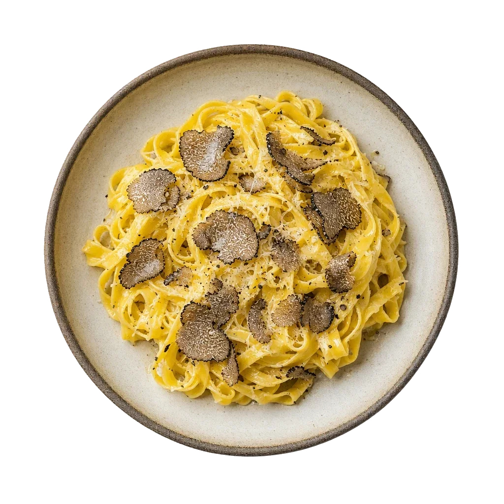 Tagliatelle al tartufo di Acqualagna on stoneware bowl with Black Truffle, Butter, Olive Oil