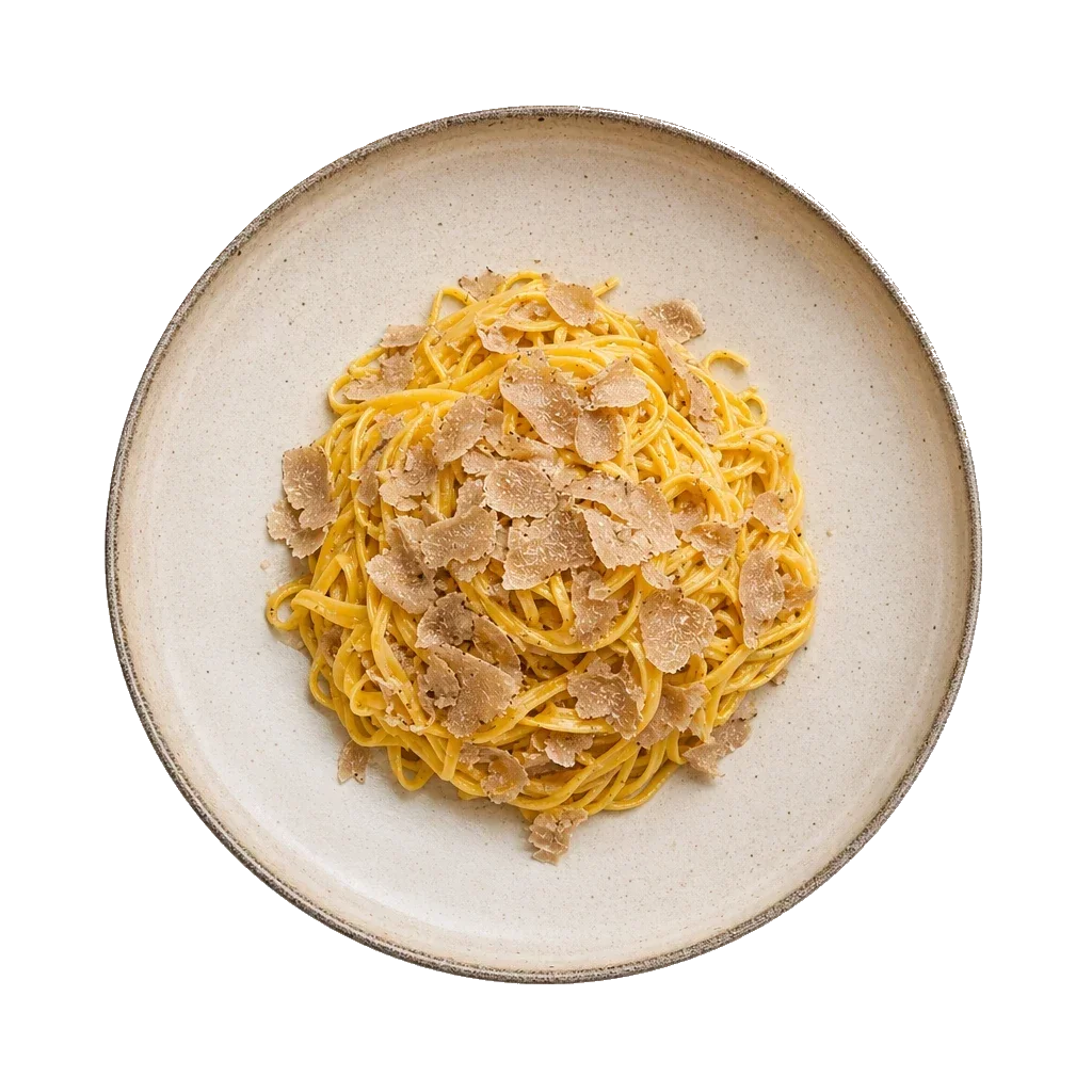 Tajarin al Tartufo on stoneware bowl with Butter, Egg Yolk, parmesan