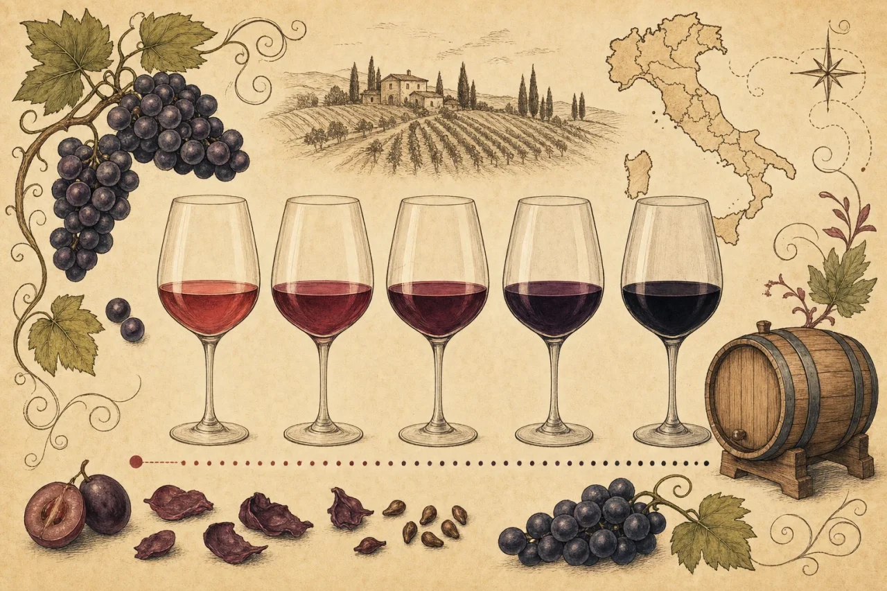 Illustrated row of Italian red wine glasses shading from pale and light to deep and tannic, with grapes and oak