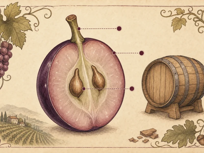 Illustrated cross-section of a wine grape showing tannin-rich skin, seeds and stem beside a small oak barrel