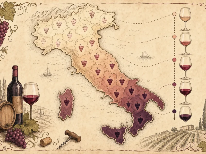 Illustrated map of Italy marking red grapes from gentle northern reds to boldly tannic central wines