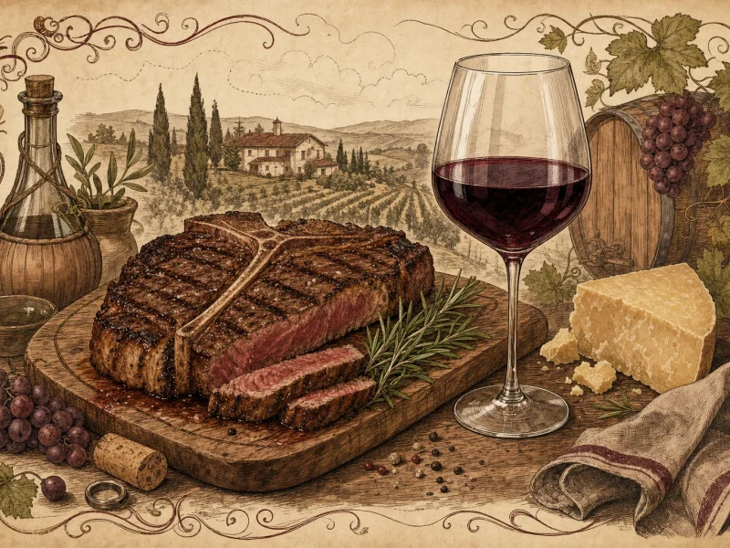 Illustrated grilled Tuscan T-bone steak on a board beside a glass of deep red Sangiovese, a classic tannin pairing