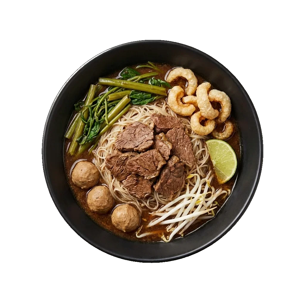 Boat Noodles: a Thai noodle soup with thin rice noodles, sliced beef, meatballs, morning glory, dark ric