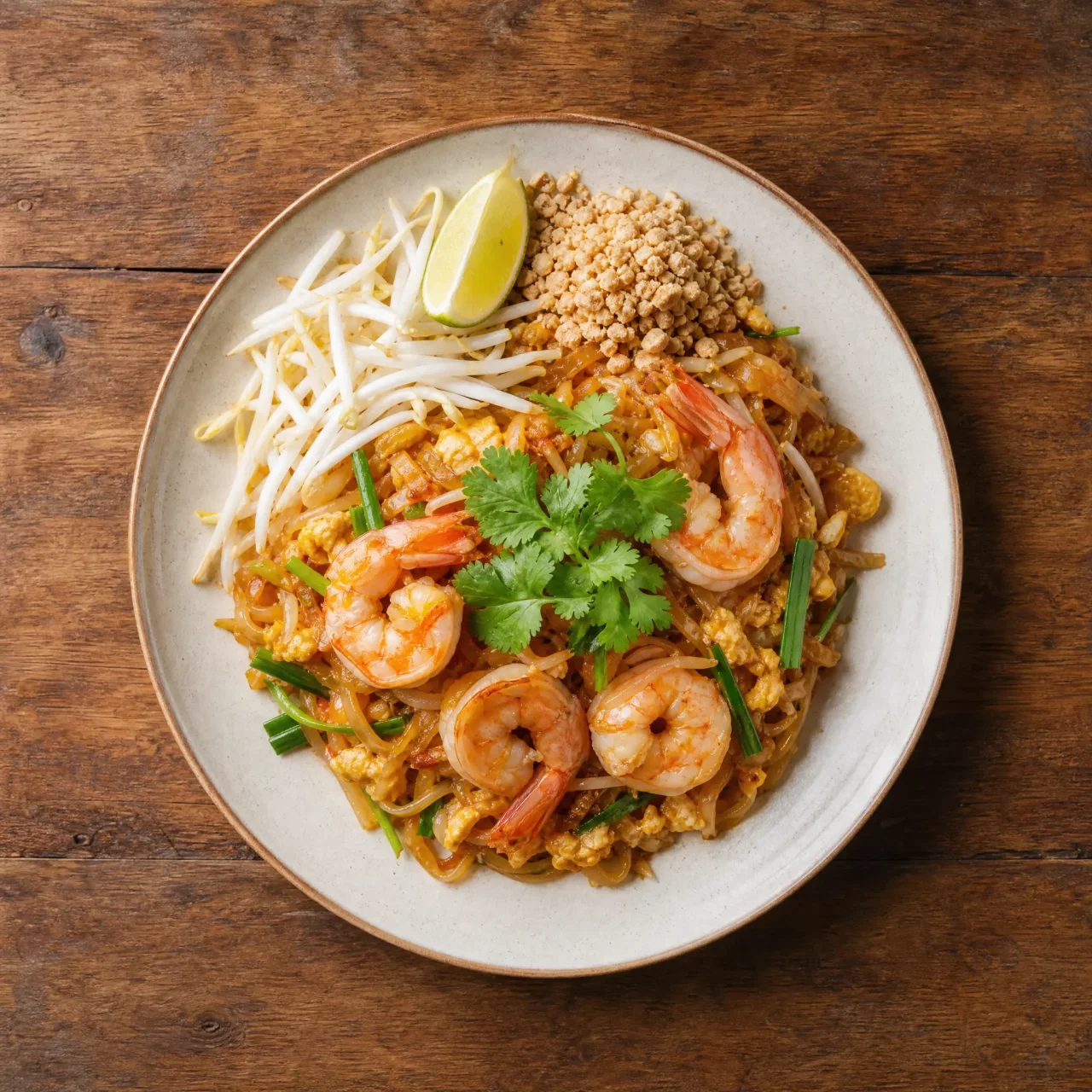 Thai pad thai with prawns, lime, bean sprouts and peanuts on a wooden table