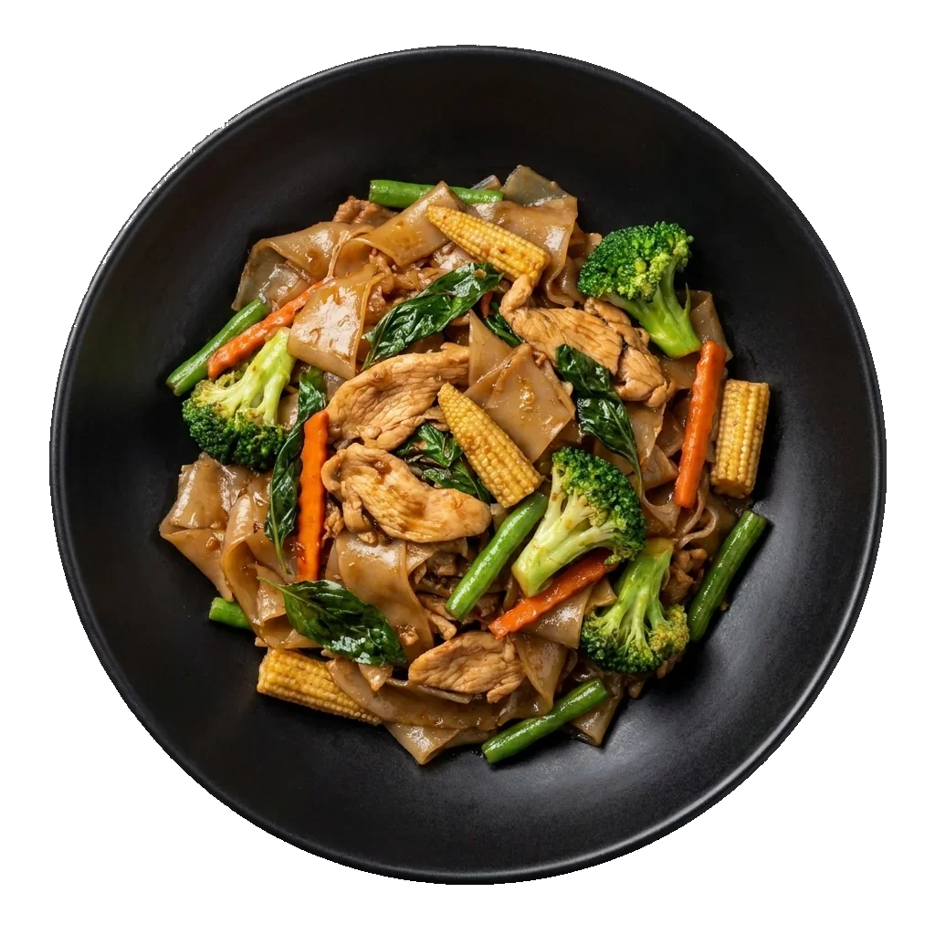 Drunken Noodles: Pad kee mao: broad flat rice noodles stir-fried with Thai basil, chicken, chillies, baby c