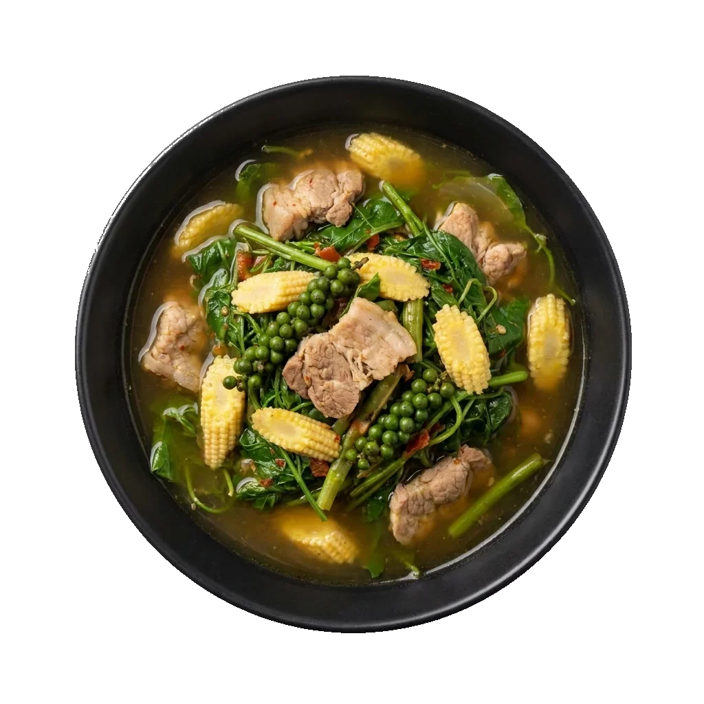 Jungle Curry: a fiery green-brown clear Thai curry with pork, wild vegetables, baby corn and green peppe