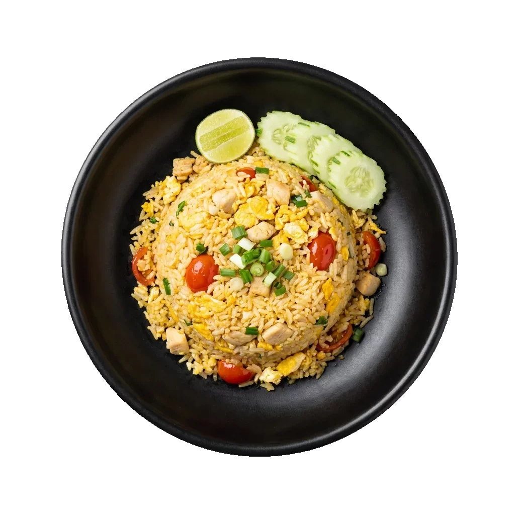 Khao Pad: Thai fried rice: golden-yellow fried rice with egg, chicken, tomato and spring onion, a sm