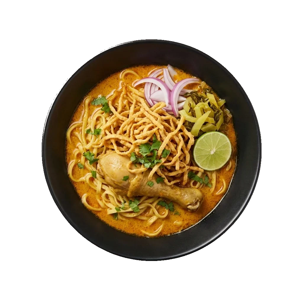 Khao Soi: a Northern Thai yellow curry noodle soup with boiled egg noodles in coconut-curry broth, t