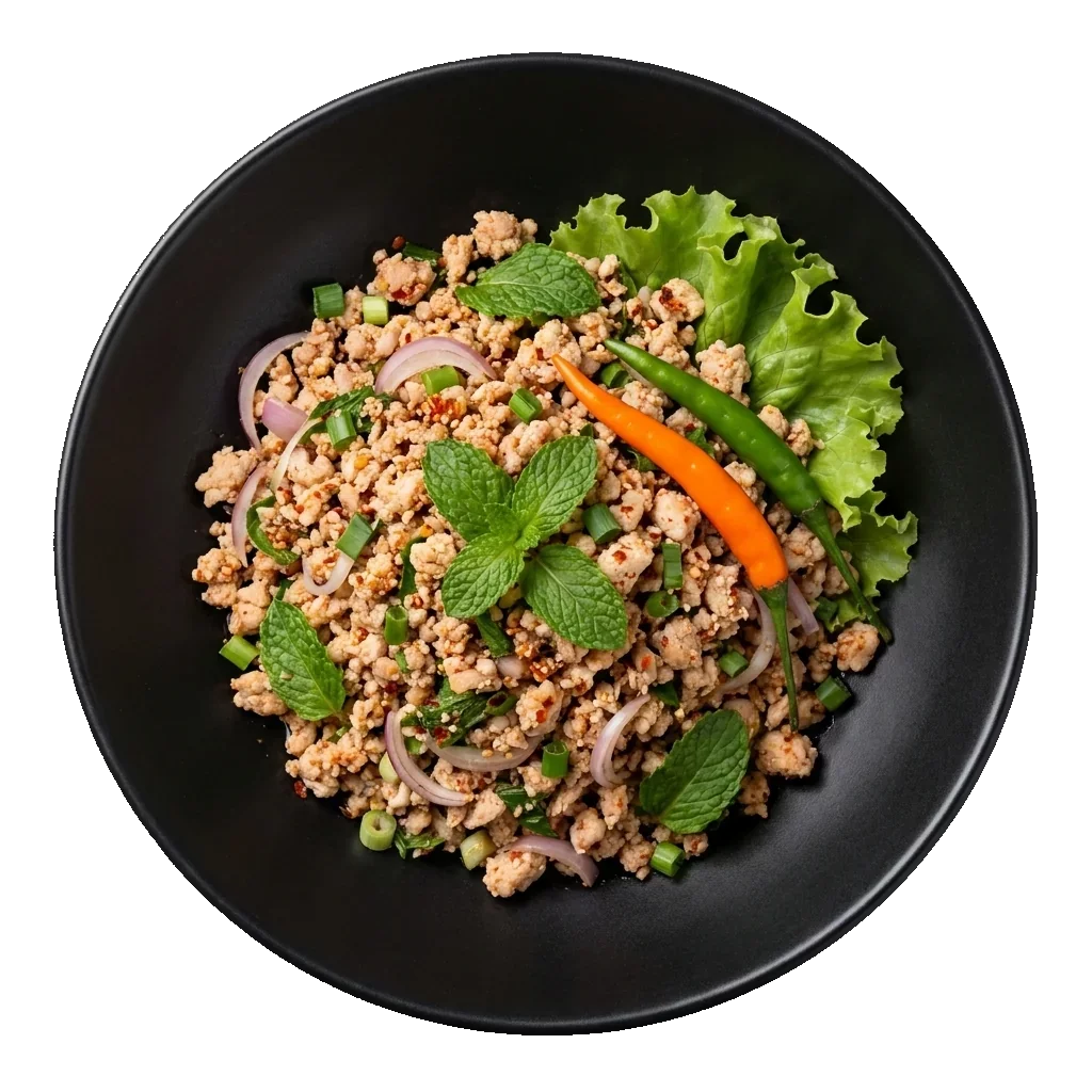 Larb: Thai minced chicken salad: finely minced chicken with toasted rice powder, red chilli flak