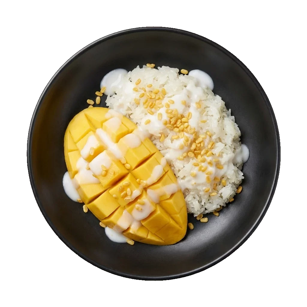 Mango Sticky Rice: Thai mango sticky rice: half a ripe yellow mango sliced into a fan beside a mound of white