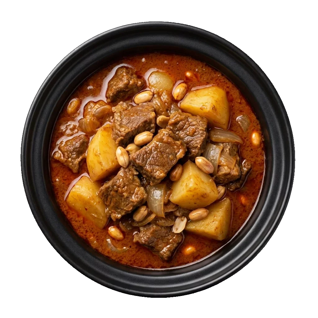 Massaman Curry: a rich reddish-brown Thai Muslim curry with tender beef, potatoes, onions and peanuts in a